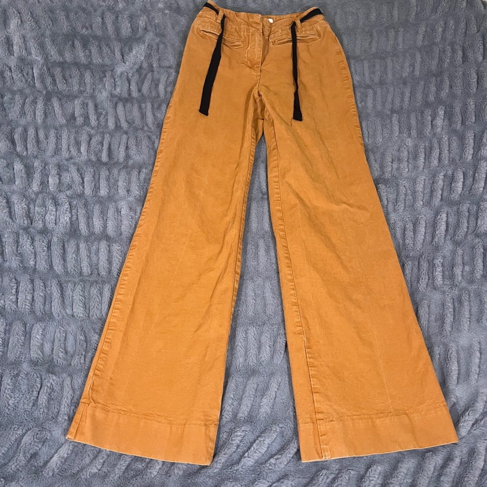 Maeve by Anthropologie Wide Leg Pants Ochre Yellow Belted High Rise Women US 0